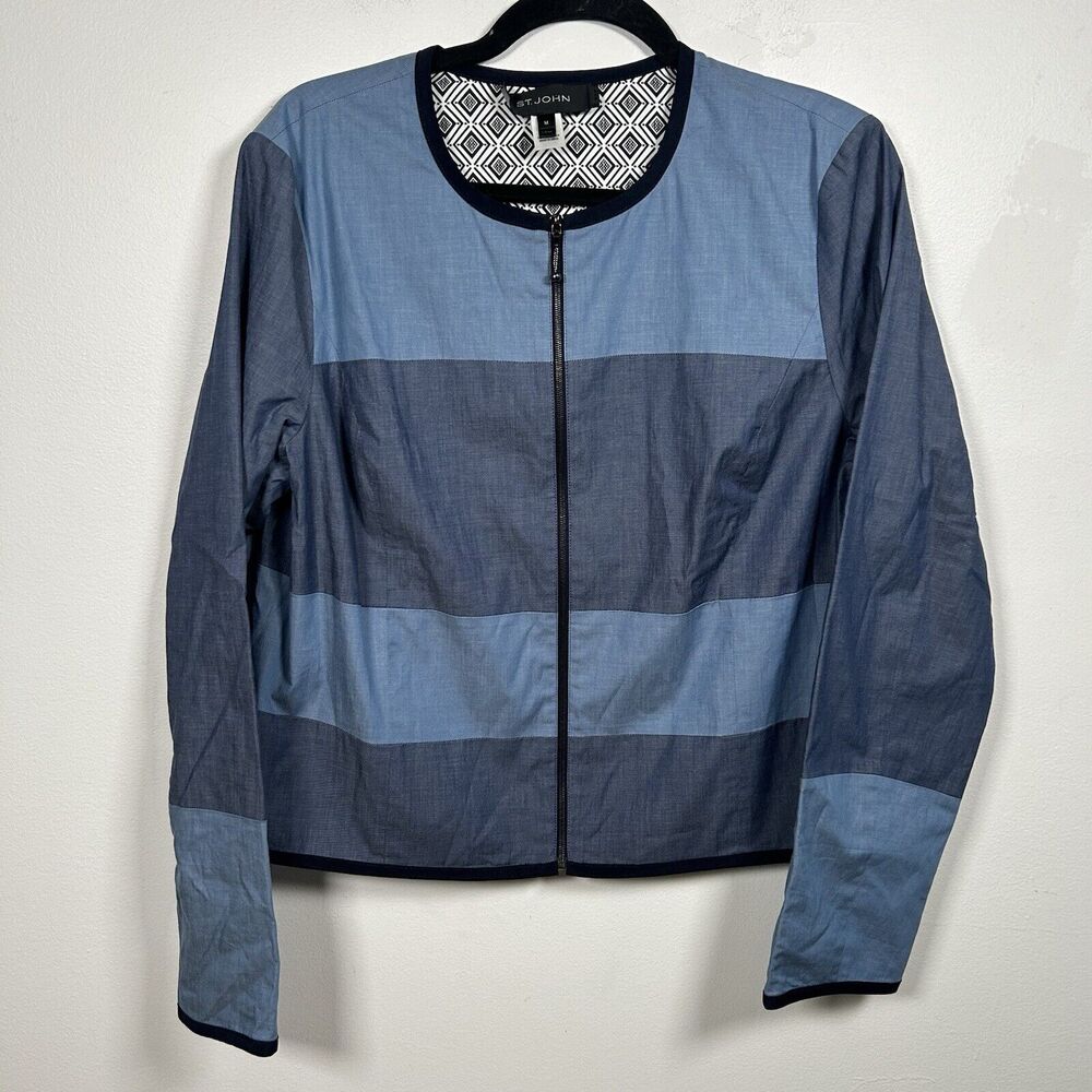 St. John Reversible Blue Striped Black White Diamond Pattern Jacket Size Medium